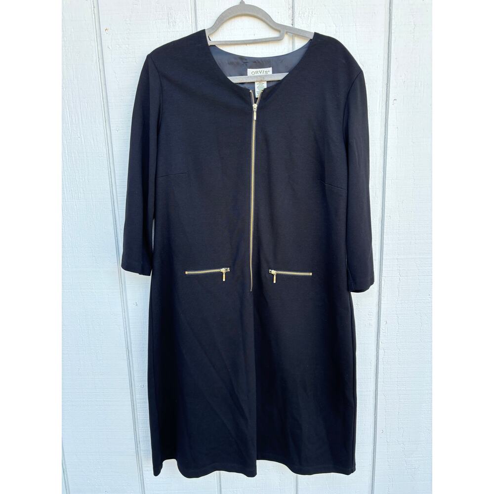 Orvis Travel Dress, Black, Shift‎ Dress, Gold Zippers, Sz L (14/16)